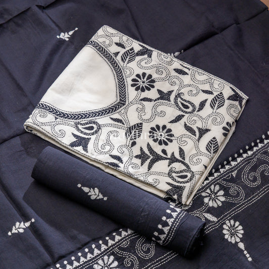WHITE & BLACK EMBROIDERED KHADI COTTON SUIT SET