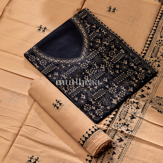 BLACK & BEIGE EMBROIDERED KHADI COTTON SUIT SET