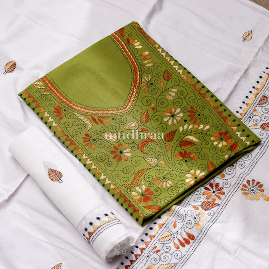 MOSS GREEN & WHITE EMBROIDERED KHADI COTTON SUIT SET