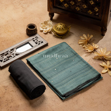 BLUE GRAY HAND-MADE MOONGA TUSSAR SUIT SET