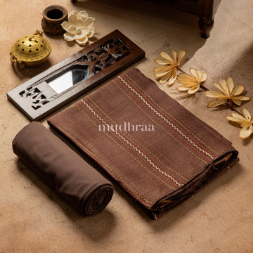 CEDAR BROWN HAND-MADE EMBROIDERED MOONGA TUSSAR SUIT