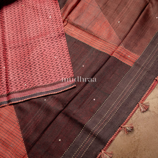 ROUGE PINK HANDBLOCK PRINTED TUSSAR SILK SAREE