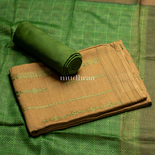 CREAM & PARAKEET GREEN HAND-MADE TUSSAR SUIT SET