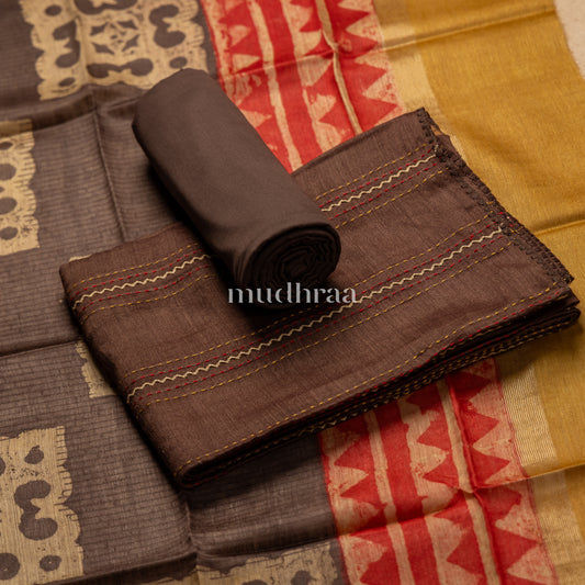 CEDAR BROWN HAND-MADE EMBROIDERED MOONGA TUSSAR SUIT