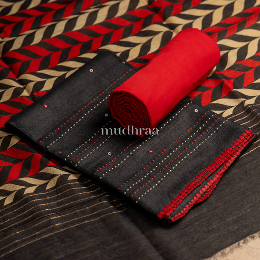 BLACK & RED HAND-MADE MOONGA TUSSAR SUIT SET