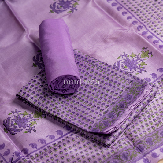 LAVENDER HANDBLOCK PRINTED TUSSAR SUIT SET