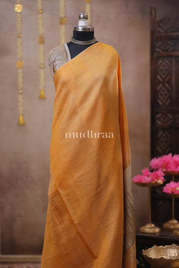 MACAROON YELLOW KANTHA HANDWOVEN TUSSAR SAREE