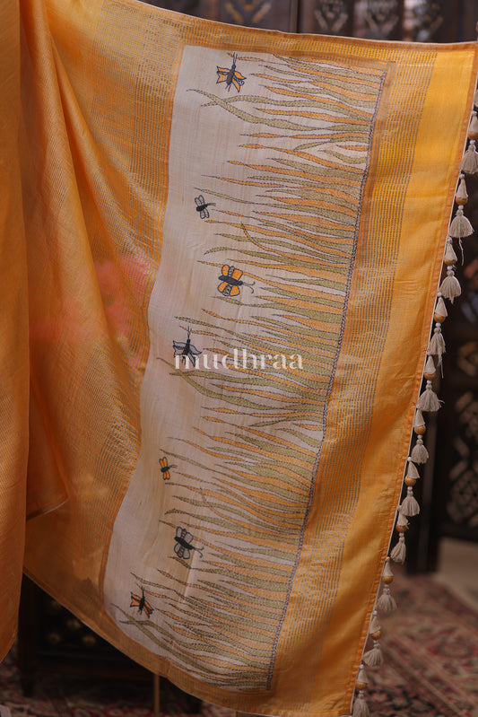 MACAROON YELLOW KANTHA HANDWOVEN TUSSAR SAREE