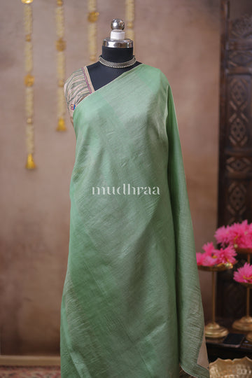 GLACIER GREEN KANTHA HANDWOVEN TUSSAR SAREE