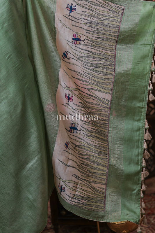 GLACIER GREEN KANTHA HANDWOVEN TUSSAR SAREE