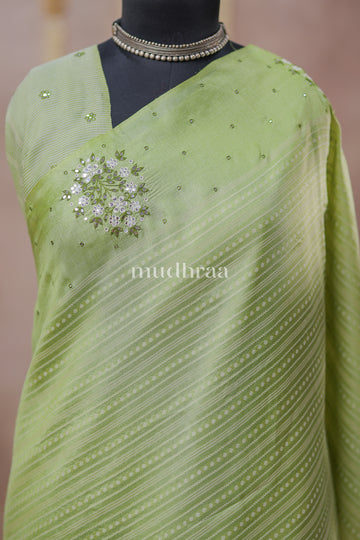 PISTACHIO WOVEN MIRROR EMBROIDERED TUSSAR SAREE