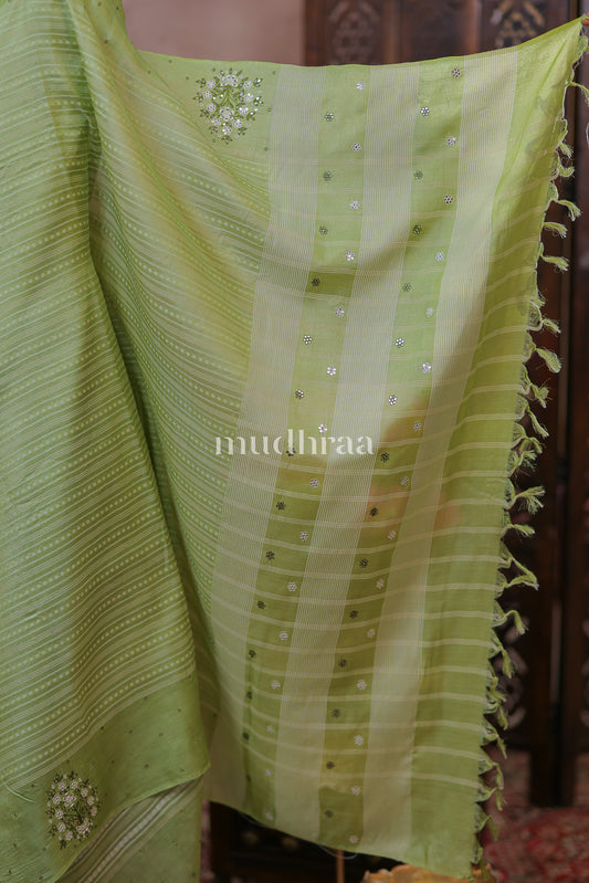 PISTACHIO WOVEN MIRROR EMBROIDERED TUSSAR SAREE