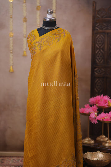 AMBER YELLOW HANDMADE FRENCH KNOT TUSSAR SAREE