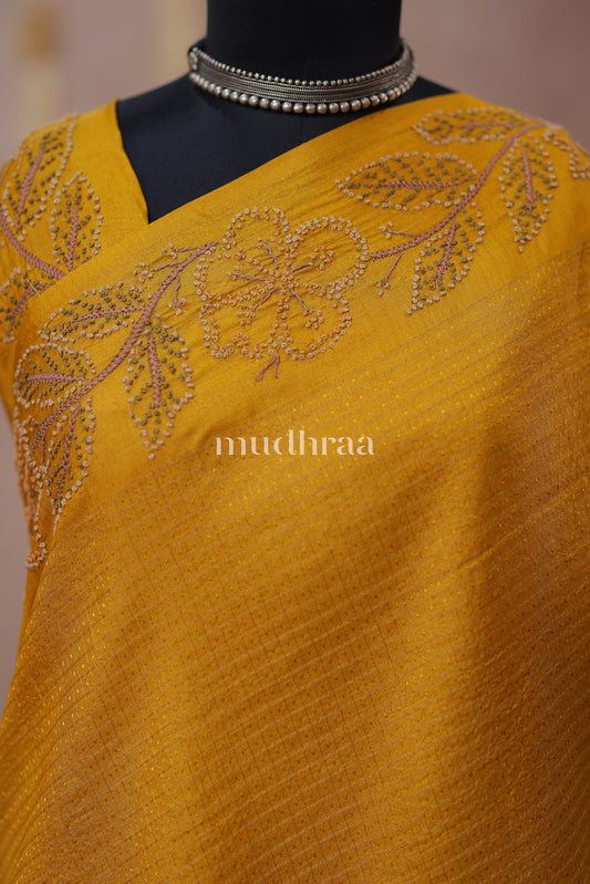 AMBER YELLOW HANDMADE FRENCH KNOT TUSSAR SAREE
