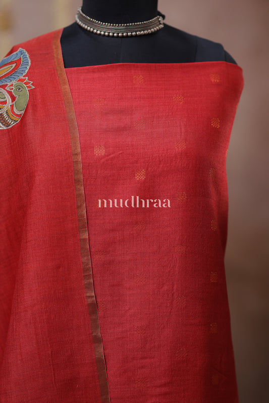 VERMILION RED WOVEN APPLIQUE MOONGA SUIT SET
