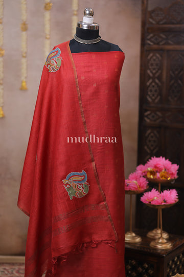 VERMILION RED WOVEN APPLIQUE MOONGA SUIT SET
