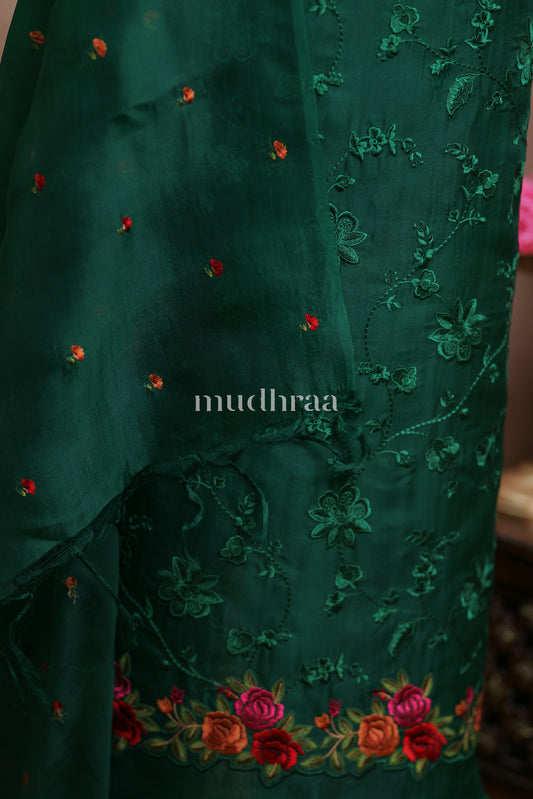 FOREST GREEN EMBROIDERED KORA SUIT SET