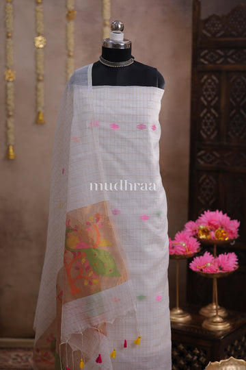 PEARL WHITE ZARI CHECKED COTTON SUIT