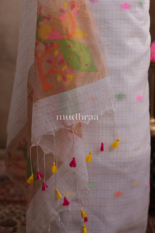 PEARL WHITE ZARI CHECKED COTTON SUIT
