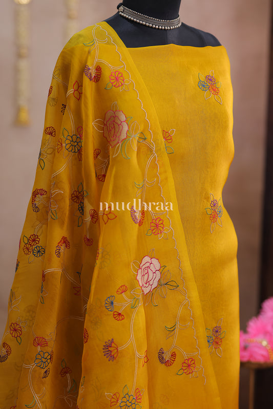SUNFLOWER YELLOW EMBROIDERED KORA SUIT SET