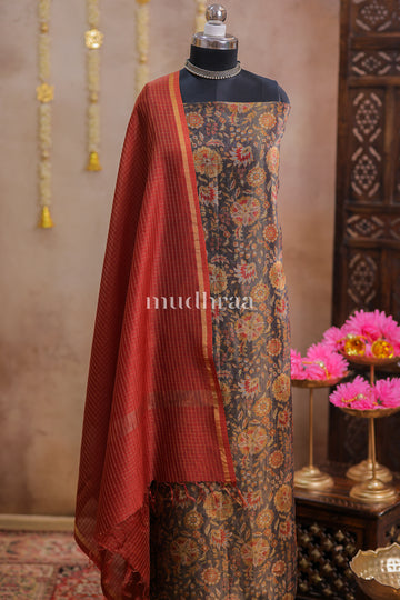 GREY & RUST PRINTED CHANDERI SUIT SET