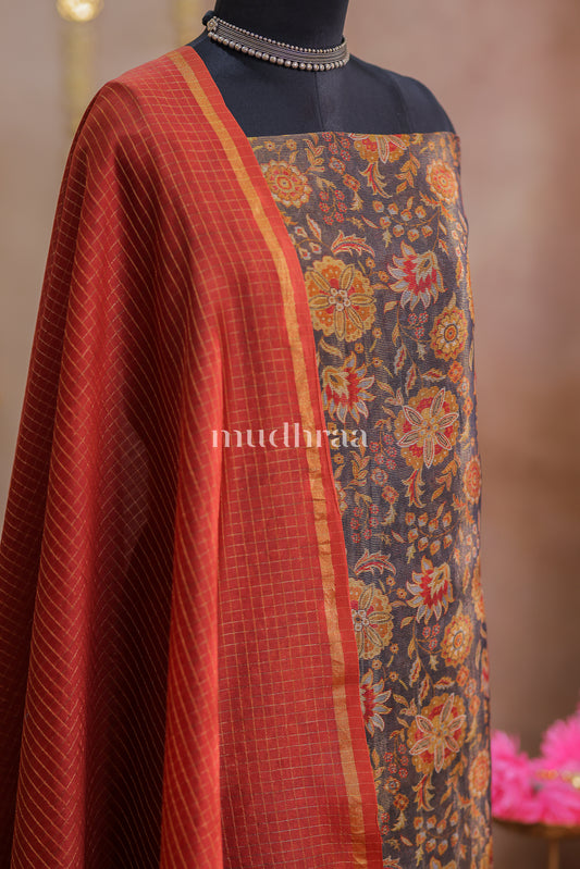 GREY & RUST PRINTED CHANDERI SUIT SET