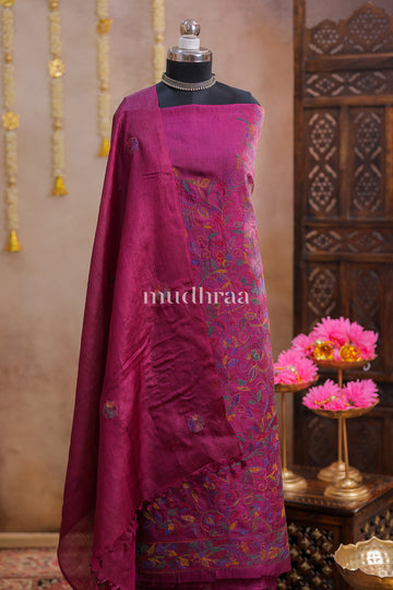 PURPLE HAND EMBROIDERED KANTHA TUSSAR SUIT SET