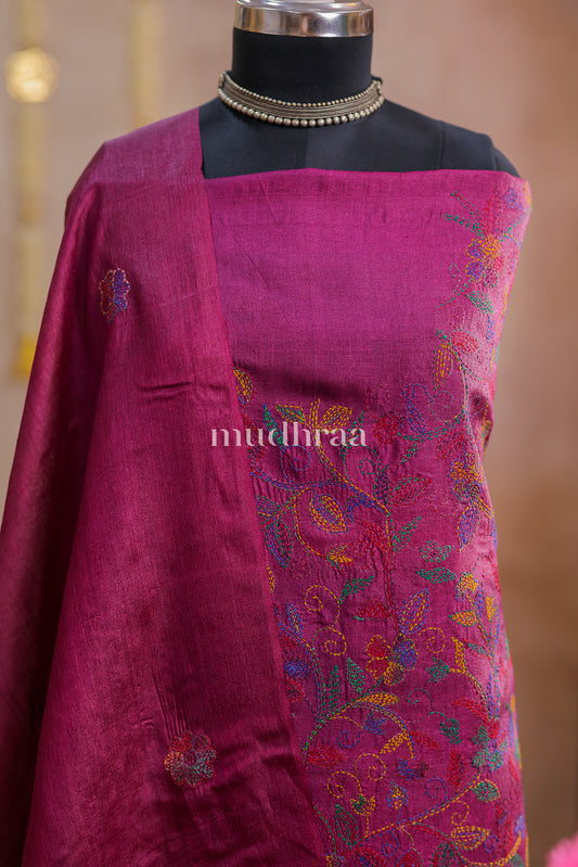 PURPLE HAND EMBROIDERED KANTHA TUSSAR SUIT SET