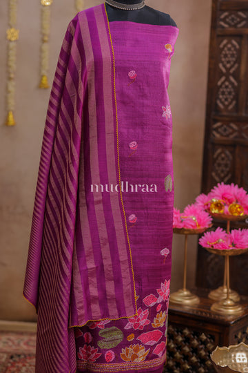 MULBERRY HAND EMBROIDERED KANTHA TUSSAR SUIT SET
