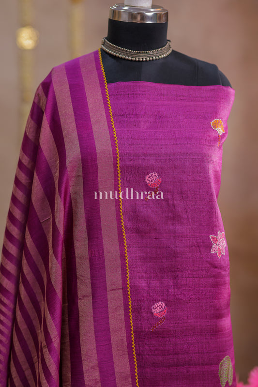 MULBERRY HAND EMBROIDERED KANTHA TUSSAR SUIT SET