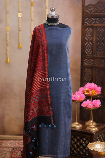 NAVY ZARI CHECKED AJRAKH CHANDERI SUIT SET