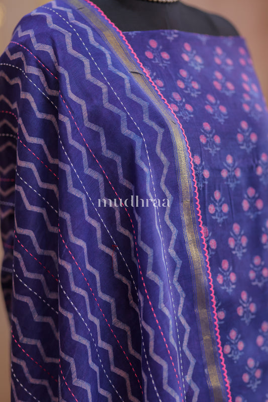 BLUE & PINK HANDBLOCK CHANDERI COTTON SUIT