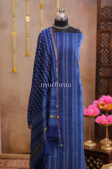 INDIGO & RED HANDBLOCK CHANDERI COTTON SUIT