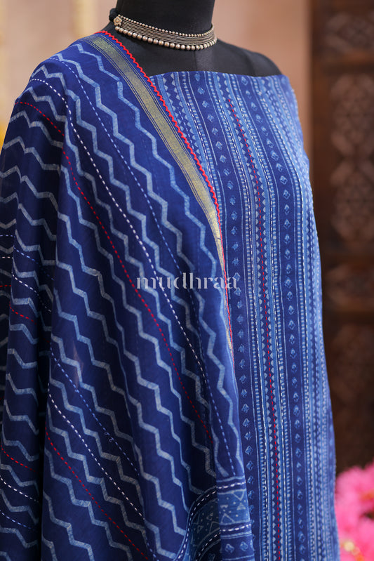 INDIGO & RED HANDBLOCK CHANDERI COTTON SUIT