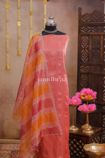 CORAL PINK TISSUE BROCADE TUSSAR SUIT SET