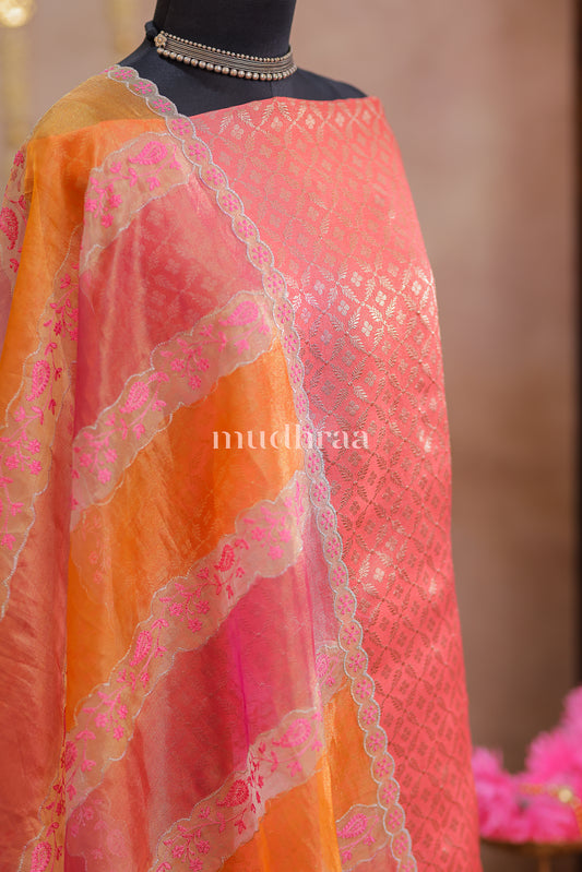 CORAL PINK TISSUE BROCADE TUSSAR SUIT SET