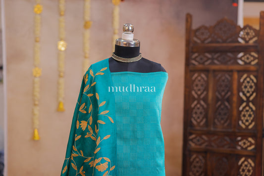 FIROZI BLUE WOVEN APPLIQUE TUSSAR SUIT SET
