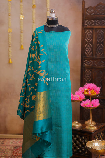 FIROZI BLUE WOVEN APPLIQUE TUSSAR SUIT SET