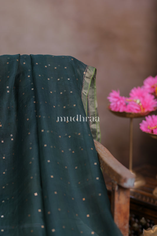 BOTTLE GREEN KORA ORGANZA SEQUIN SAREE