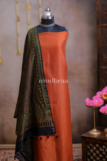 RUST ORANGE ZARI-CHECKED AJRAKH CHANDERI SUIT