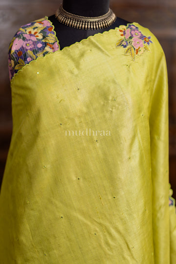 PEAR GREEN APPLIQUE-MIRROR WORK TUSSAR  SAREE