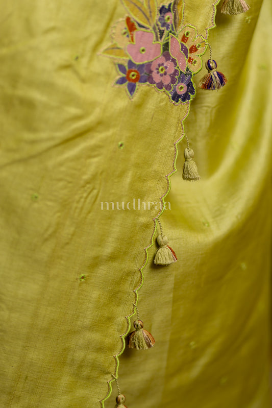 PEAR GREEN APPLIQUE-MIRROR WORK TUSSAR  SAREE