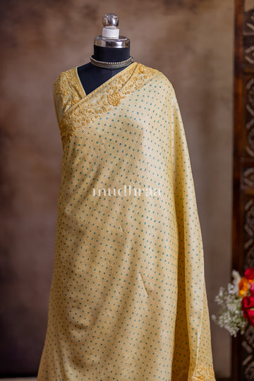 BUTTER YELLOW HAND-EMBROIDERED BANDHANI TUSSAR SAREE
