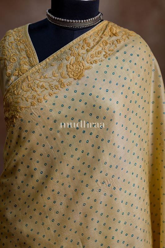 BUTTER YELLOW HAND-EMBROIDERED BANDHANI TUSSAR SAREE
