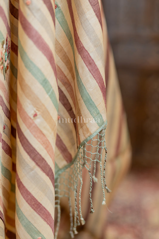 PASTEL STRIPED EMBROIDERED TUSSAR SILK SAREE