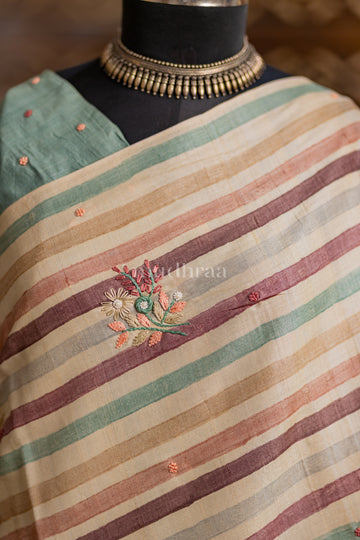 PASTEL STRIPED EMBROIDERED TUSSAR SILK SAREE