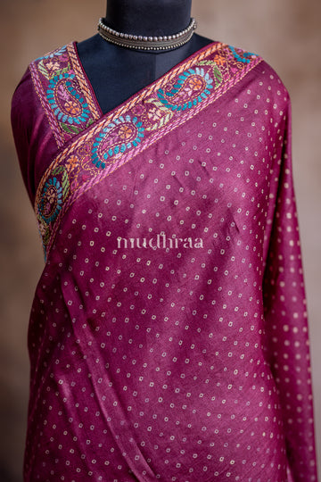 WINE BANDHANI HANDMADE CHIKANKARI TUSSAR SAREE