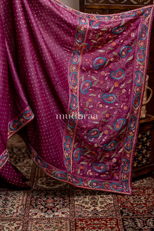WINE BANDHANI HANDMADE CHIKANKARI TUSSAR SAREE