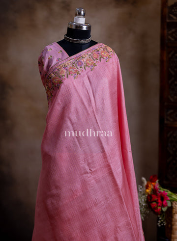 BUBBLEGUM PINK EMBROIDERED TUSSAR SAREE