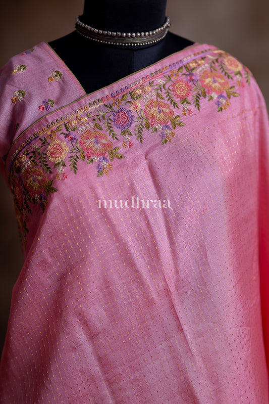 BUBBLEGUM PINK EMBROIDERED TUSSAR SAREE